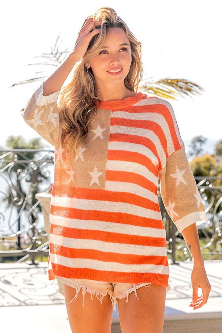 BiBi American Flag Round Neck Knit Top Patriotic clothing