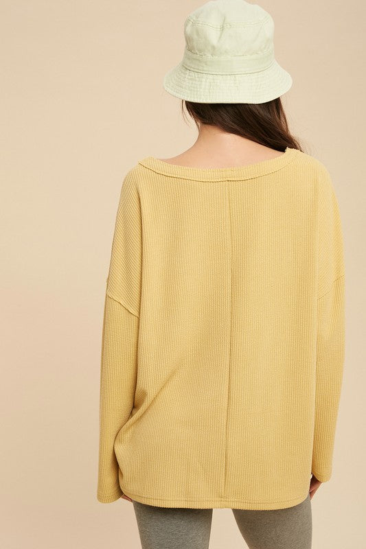 Casey Top soft yellow ribbed knit sweater with relaxed fit