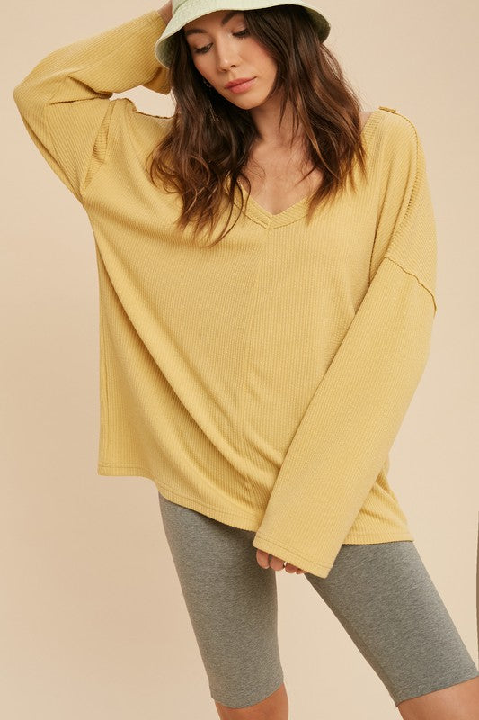 Casey Top: soft ribbed yellow long-sleeved V-neck blouse