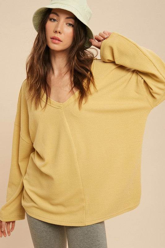 Casey Top: yellow ribbed long-sleeve v-neck blouse