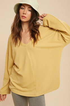 Casey Top: yellow ribbed long-sleeve v-neck blouse
