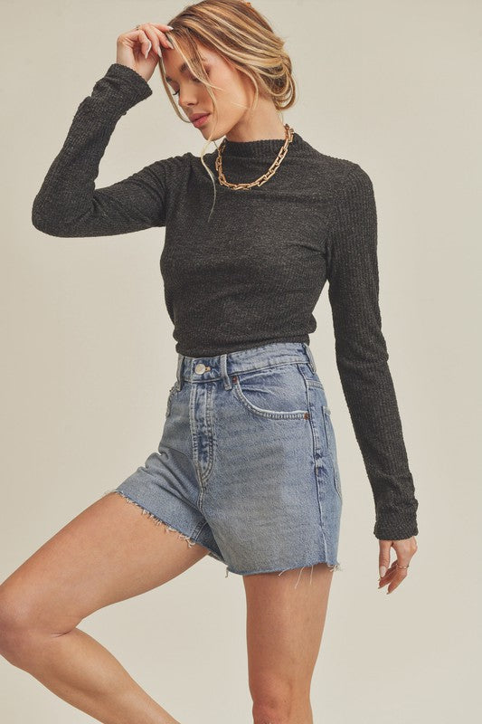 Dark gray ribbed Aemi + Co mock neck ruched sleeve turtleneck top