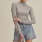 Gray ribbed long-sleeve Aemi + Co mock neck ruched top