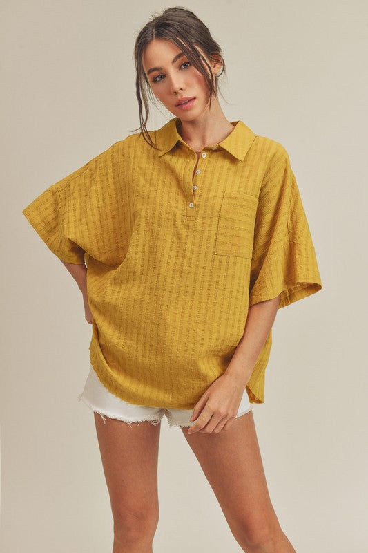 Yellow textured collared Aemi + Co striped cotton short sleeve shirt small