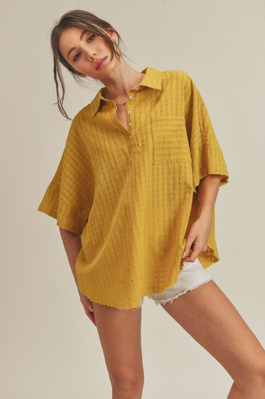 Aemi + Co mustard-yellow ribbed cotton collared top, small