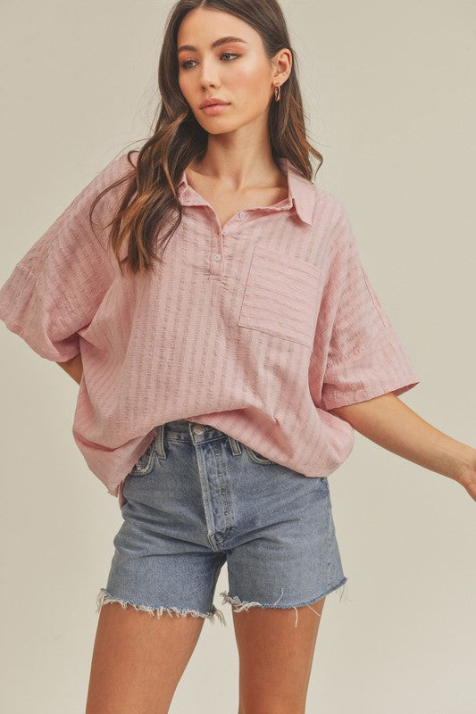 Pink striped relaxed fit short sleeve cotton top by Aemi + Co, small