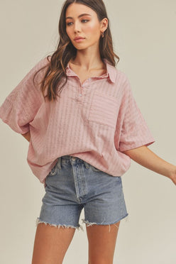 Pink striped relaxed fit short sleeve cotton top by Aemi + Co, small
