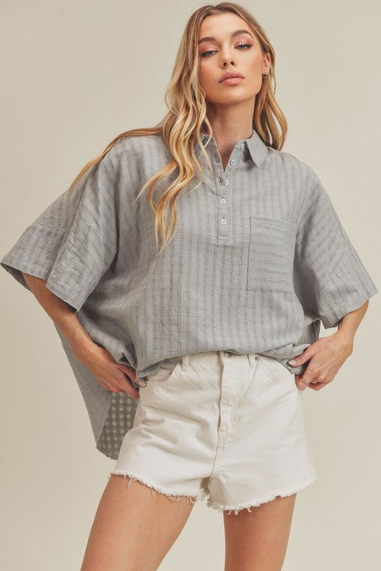 Light gray Aemi + Co relaxed fit half sleeve striped cotton button-up shirt