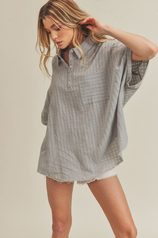 Aemi + Co collared relaxed fit half sleeve light gray striped cotton shirt dress
