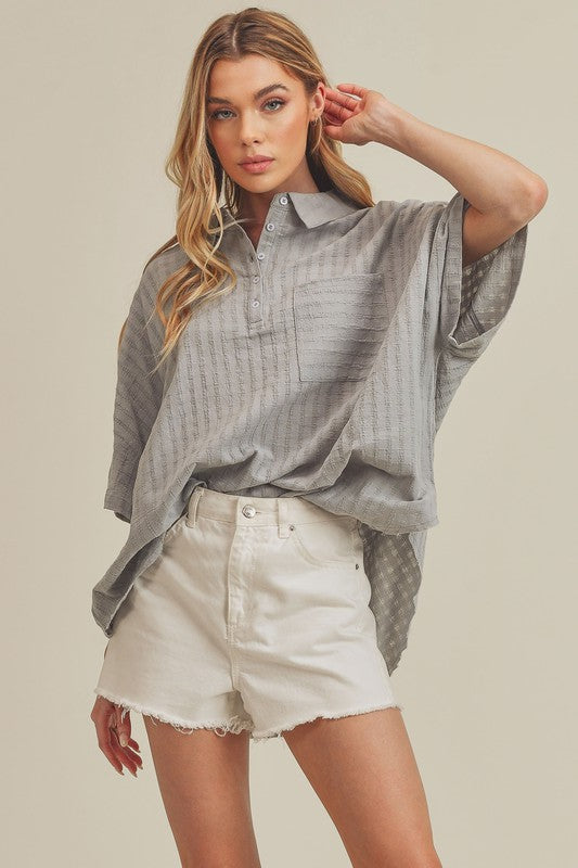 Gray textured Aemi + Co striped cotton relaxed fit half sleeve top small