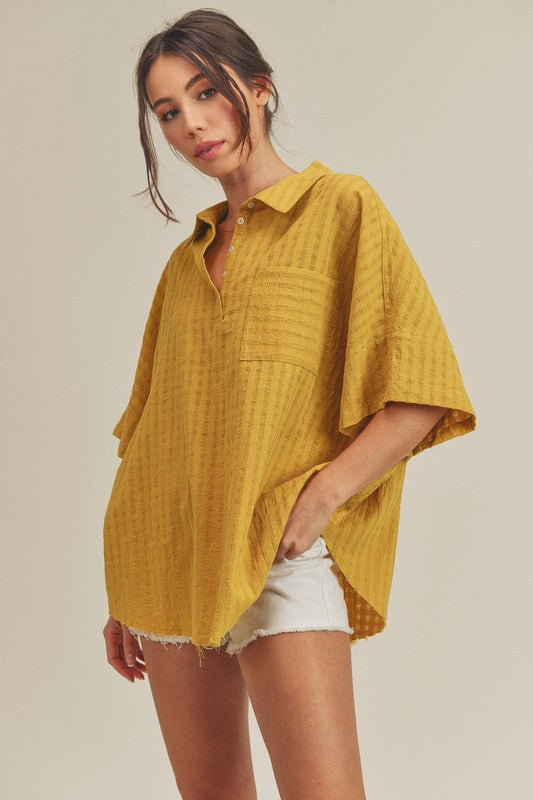 Aemi + Co mustard-yellow collared relaxed fit half sleeve striped cotton top small