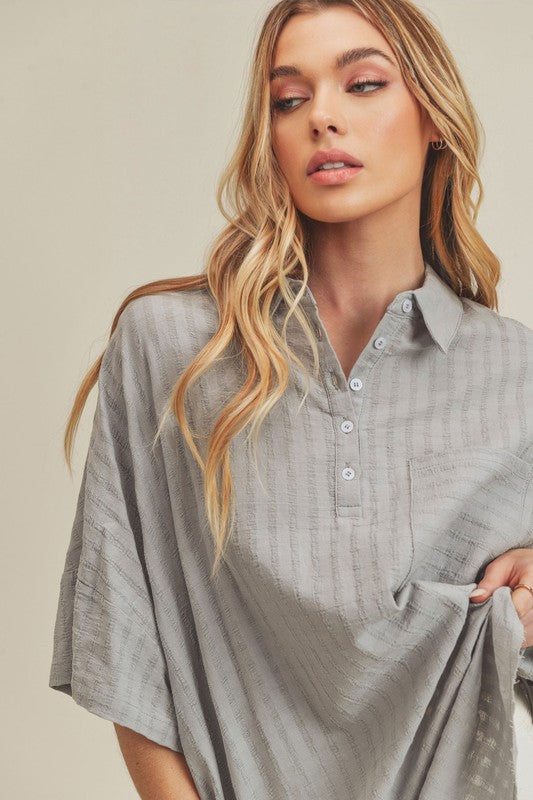 Gray Aemi + Co collared relaxed fit half-sleeve striped cotton top, small