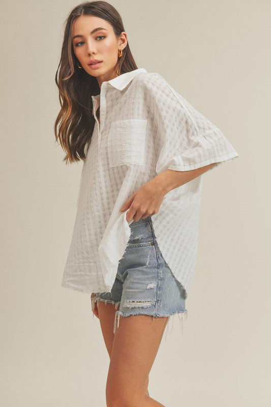 White Aemi + Co relaxed fit half sleeve striped cotton collared top small