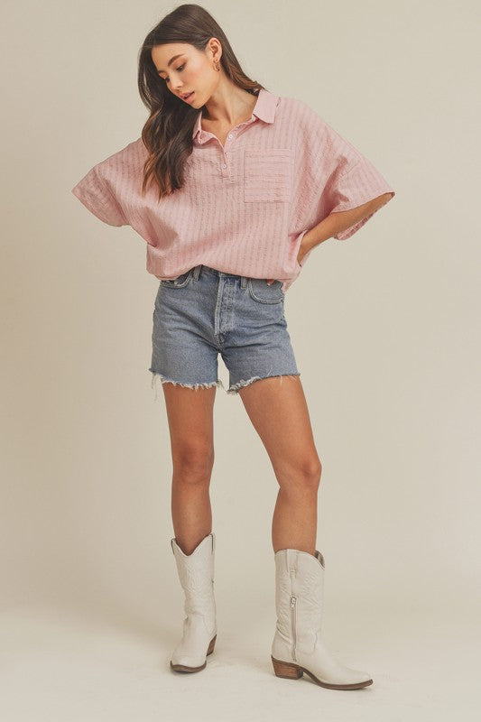 Pink striped relaxed fit cotton top by Aemi + Co with chest pocket