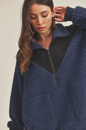 Aemi+Co Oversized Side Pockets Half Zip Pullover NAVY BLACK Jackets