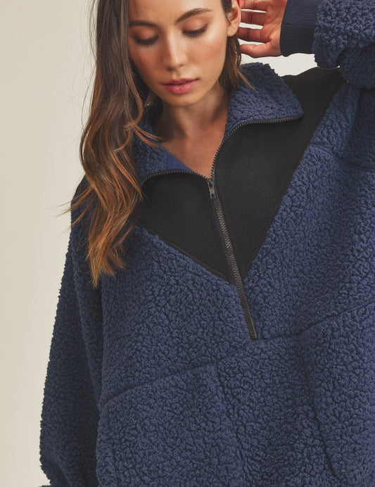 Aemi+Co Oversized Side Pockets Half Zip Pullover NAVY BLACK Jackets