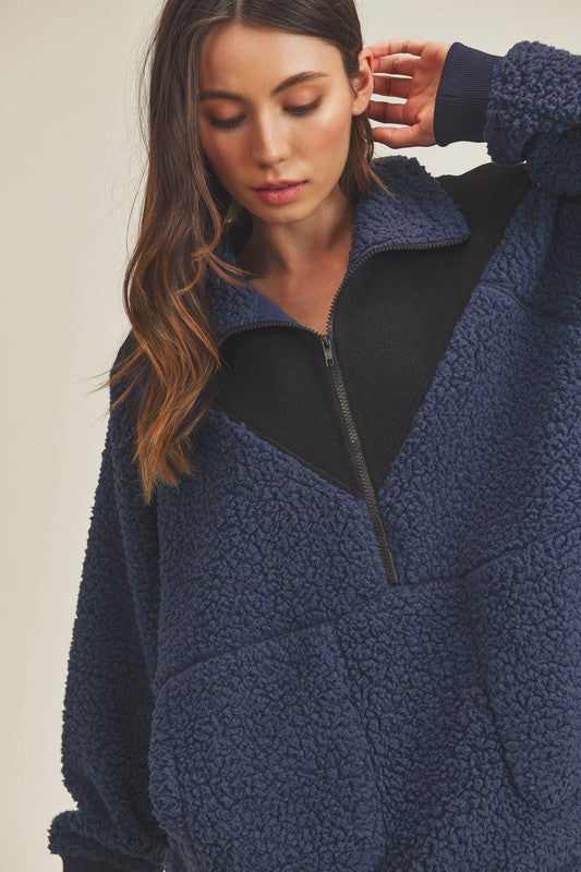 Aemi+Co Oversized Side Pockets Half Zip Pullover NAVY BLACK Jackets