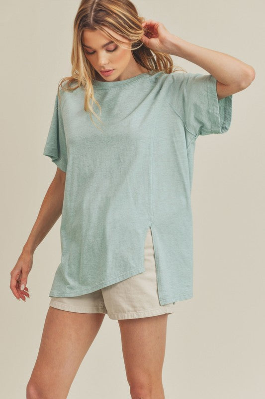 Aemi+Co Oversized Asymmetrical Side Slit Crewneck T-Shirt T-Shirts