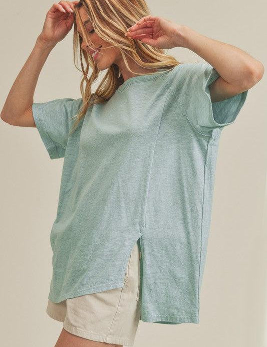 SKY Aemi+Co Oversized Asymmetrical Side Slit Crewneck T-Shirt | T-Shirts Daverri Fashions