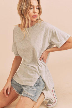 Aemi+Co Oversized Asymmetrical Side Slit Crewneck T-Shirt - DAVERRI FASHIONS