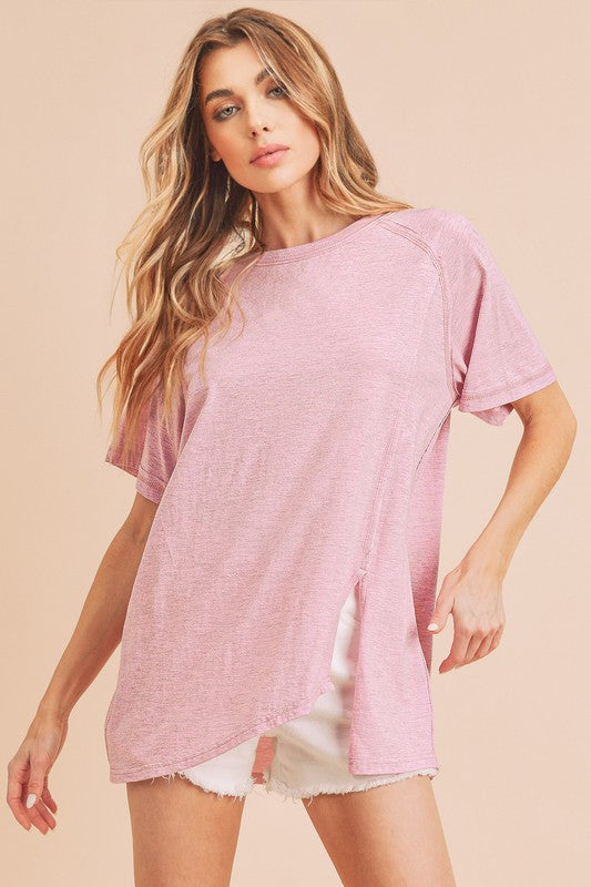 Aemi+Co Oversized Asymmetrical Side Slit Crewneck T-Shirt T-Shirts