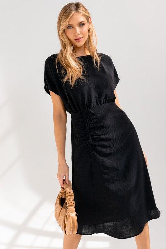 Elastic Shirring Midi Dress Black Midi Dresses