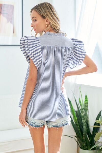 First Love Blue Striped Flutter Sleeve Blouse Tops