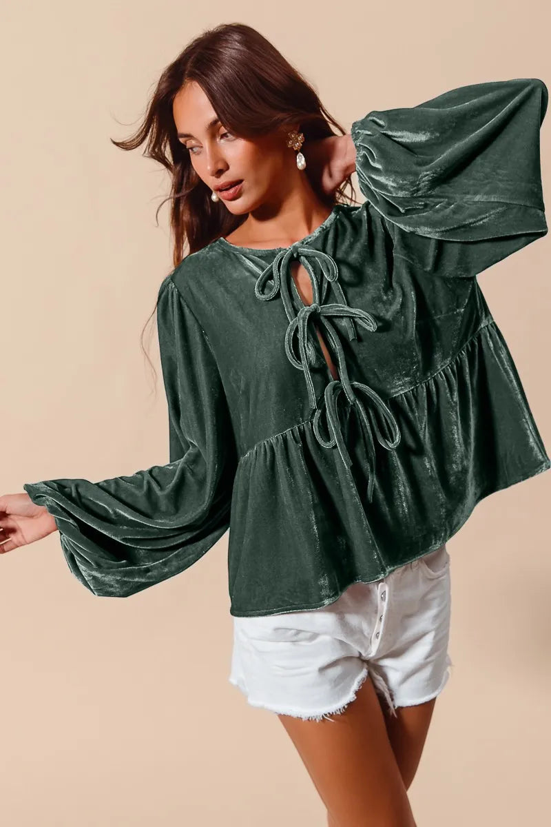 SO ME Spaghetti Strap Front Tie Velvet Holiday Blouse HUNTER