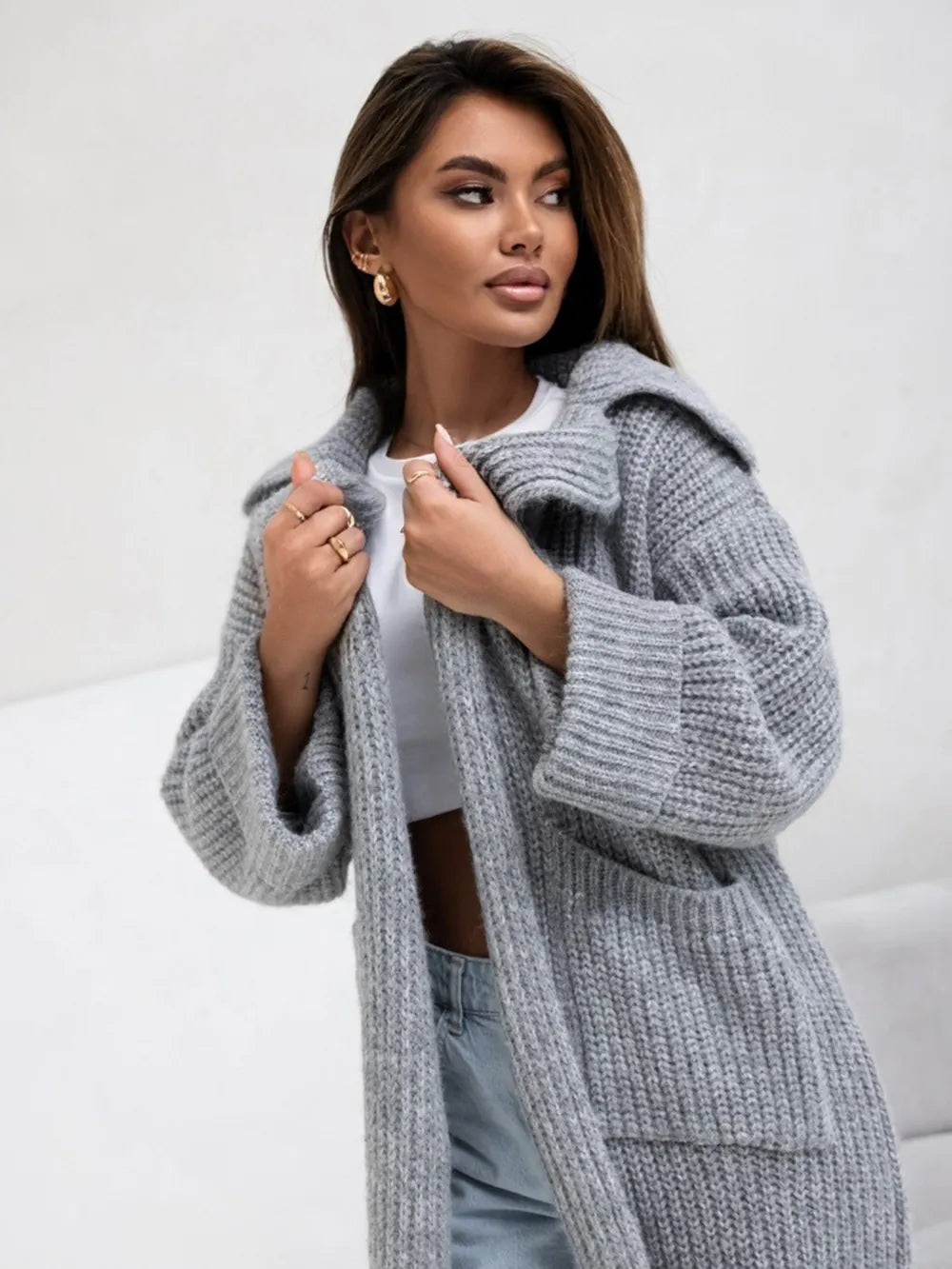 Pocketed Collared Neck Dropped Shoulder Cardigan | Cardigans Daverri Fashions