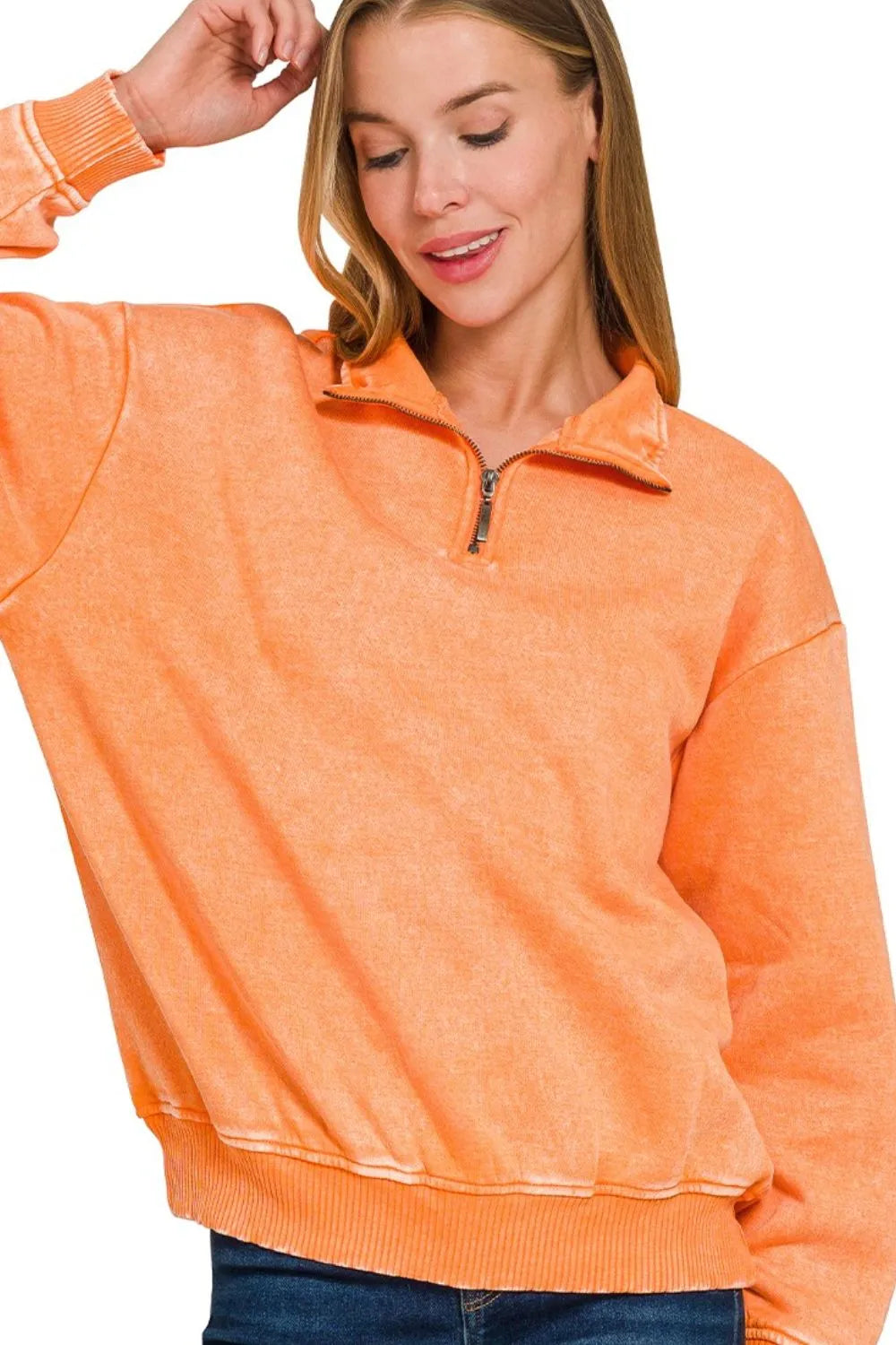 Zenana Acid Wash Fleece Quarter Zip Pullover Sweatshirt LT ORANGE M Sweatshirts