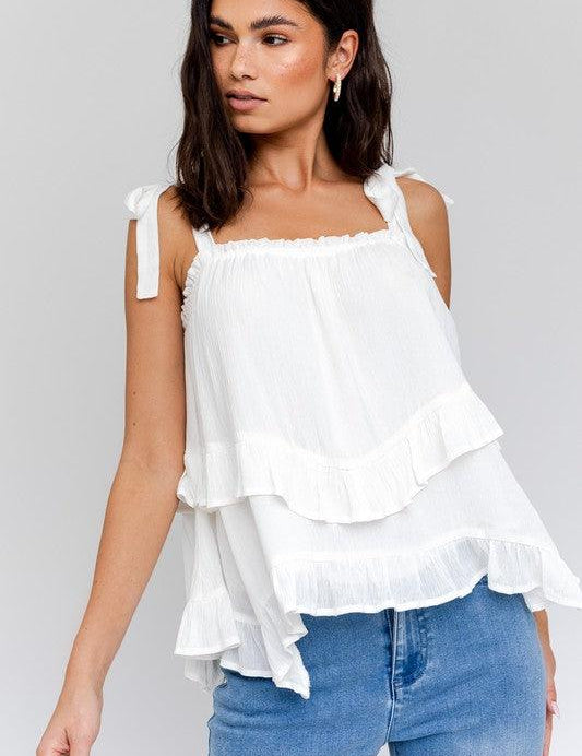 Sleeveless Asymmetrical Hem Line Tiered Top White Shirts & Tops