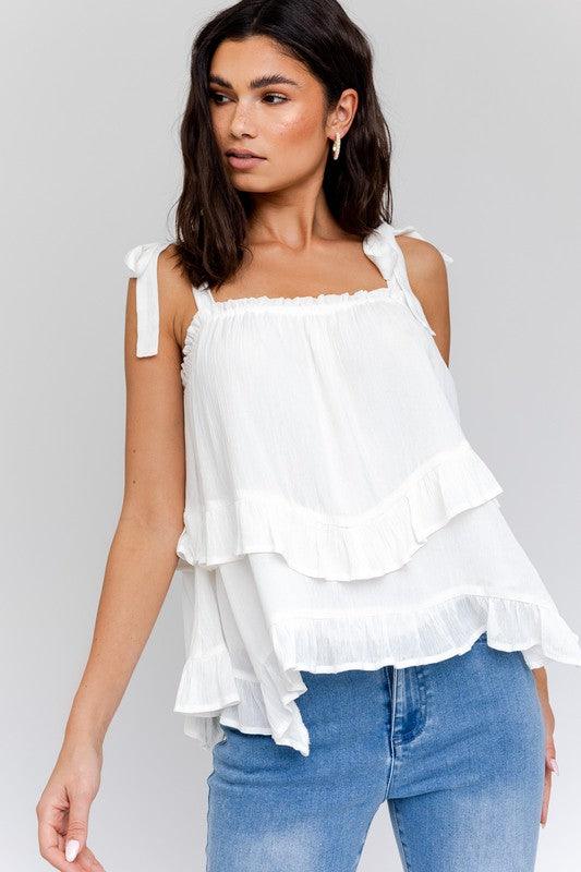 Sleeveless Asymmetrical Hem Line Tiered Top White Shirts & Tops