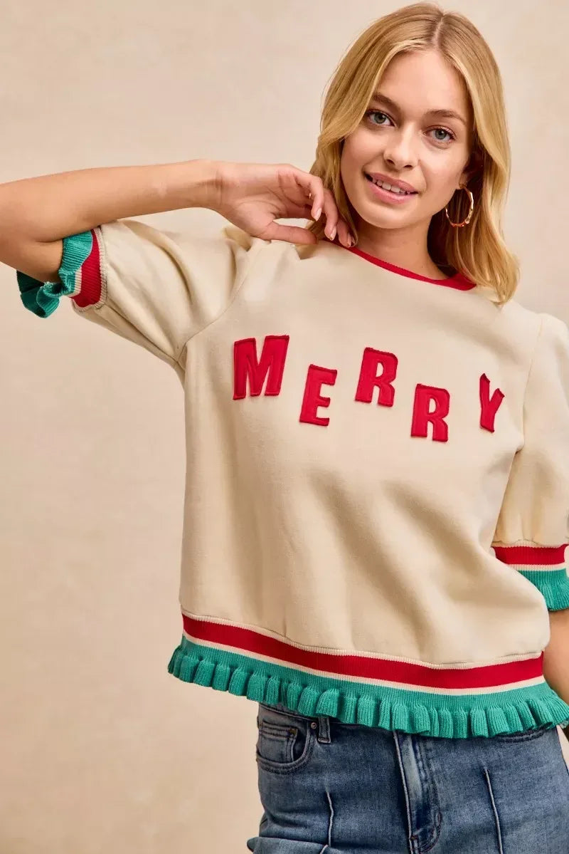 BiBi Christmas Merry Letter Patches Contrast Banded Top - DAVERRI FASHIONS