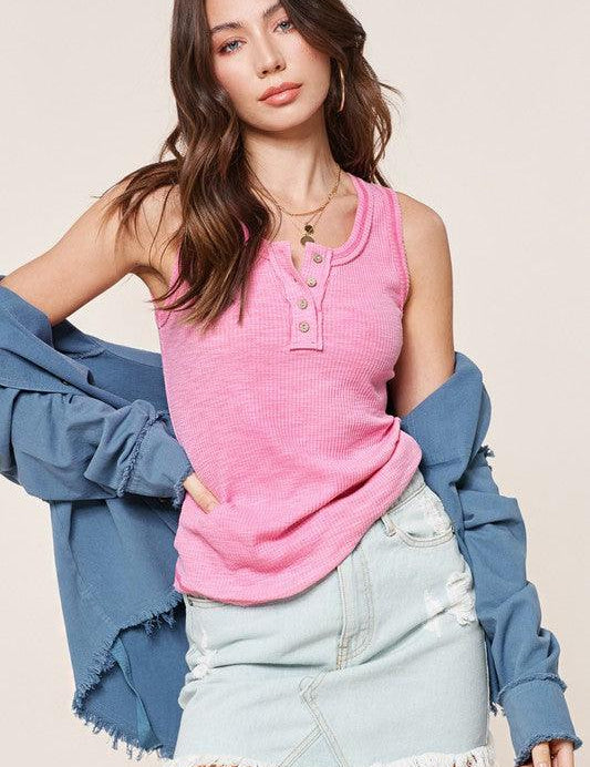 La Miel Ribbed Botton-Up Tank Top PINK Tank Tops