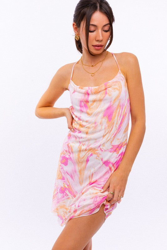 Cowl Neck Cami Mini Dress PINK-ORANGE ABSTRACT Mini Dresses