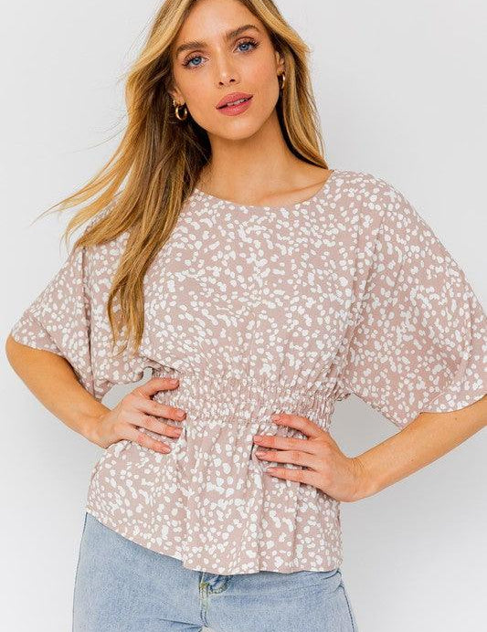 Short Dolman Sleeve Smocking Waist Abstract Top TAUPE-WHITE ABSTRACT Shirts & Tops