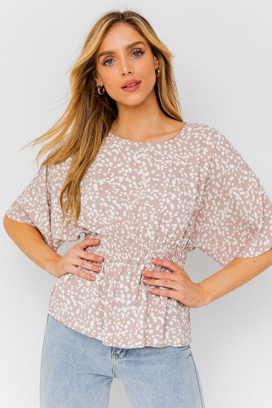 Short Dolman Sleeve Smocking Waist Abstract Top TAUPE-WHITE ABSTRACT Shirts & Tops