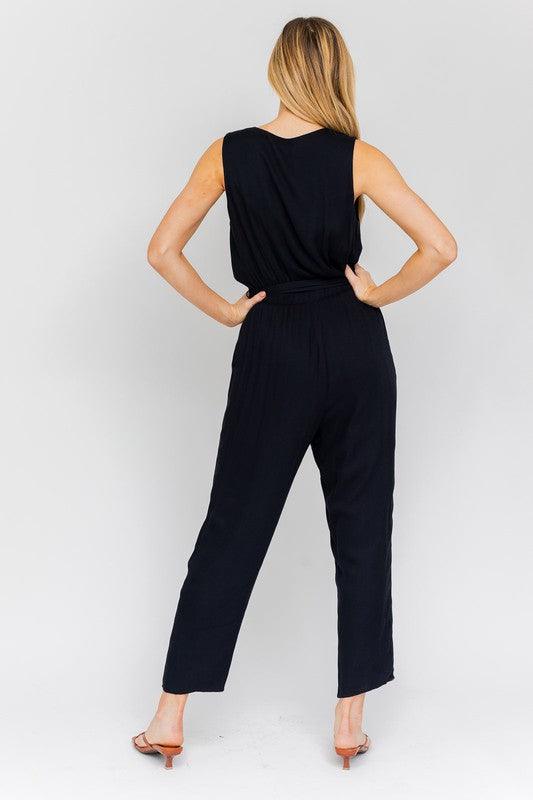 V-Neck Waist Tie Sleeveless Jumpsuit Jumpsuits