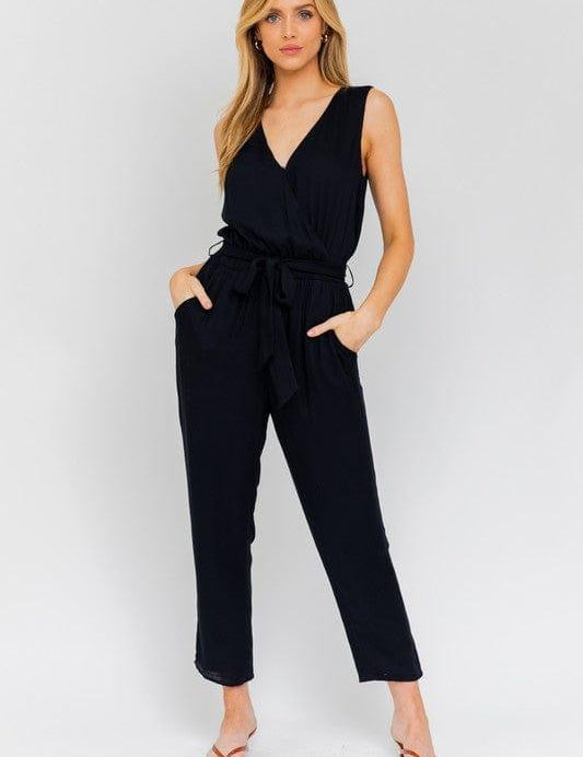 V-Neck Waist Tie Sleeveless Jumpsuit Black S Jumpsuits