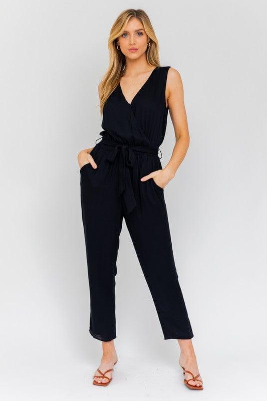 V-Neck Waist Tie Sleeveless Jumpsuit Black S Jumpsuits