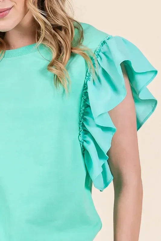 Lime 'N' Chili Solid Shoulder Ruffle Detail Round Neck Top - DAVERRI FASHIONS