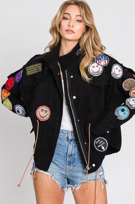 Smiley Patches Women's Utility Zip Up Jacket BLACK Coats & Jackets