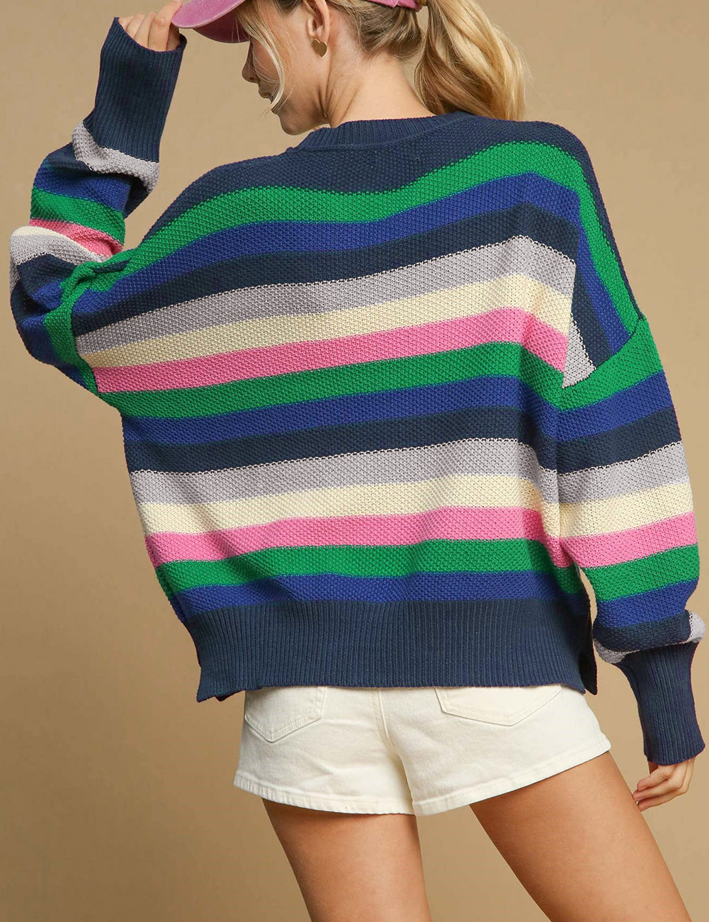 Rainbow Striped Crew Neck Drop Shoulder Sweater | Sweaters Daverri Fashions