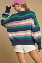 Rainbow Striped Crew Neck Drop Shoulder Sweater | Sweaters Daverri Fashions