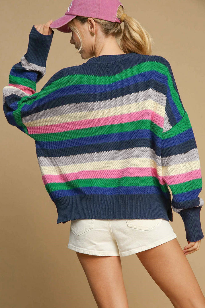 Rainbow Striped Crew Neck Drop Shoulder Sweater | Sweaters Daverri Fashions