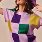 Vibrant SO ME Mardi Gras plaid knit sweater in lavender, purple, green, yellow