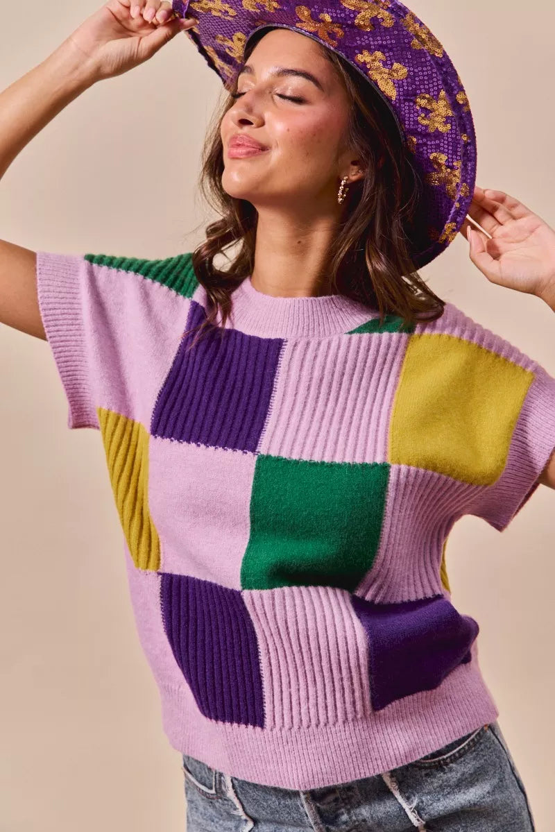 Vibrant SO ME Mardi Gras plaid knit sweater in lavender, purple, green, yellow