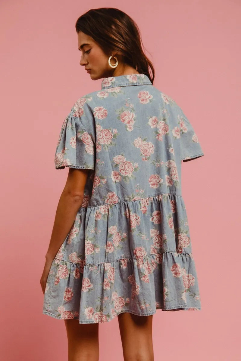 BiBi Floral Print Washed Lightweight Tiered Shirt Dress | Mini Dresses Daverri Fashions