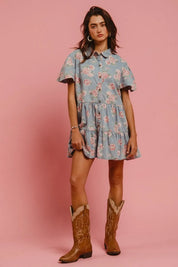 BiBi Floral Print Washed Lightweight Tiered Shirt Dress | Mini Dresses Daverri Fashions