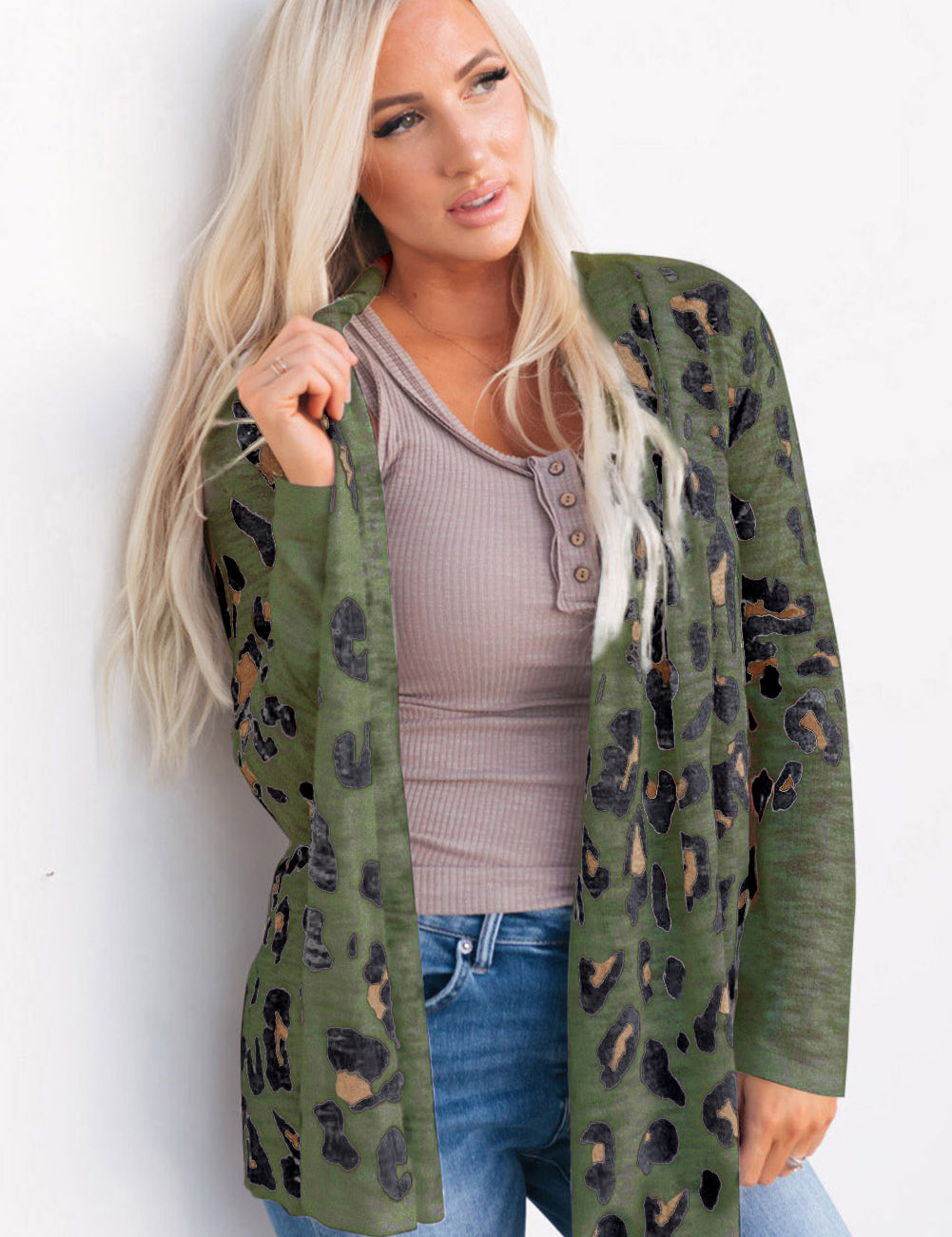 Army Green Printed Long Sleeve Cardigan | Cardigans Daverri Fashions
